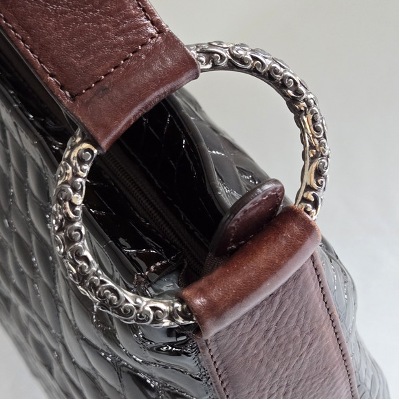 Brighton Shoulder Bag Dark Brown Patent Leather Croc Embossed Classic Purse 12" - Picture 14 of 16